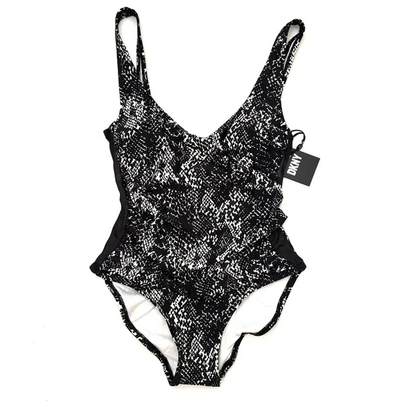 DKNY  Mesh Side Inserts Ruched Waist One Piece Swimsuit Size 4 - Picture 4 of 7